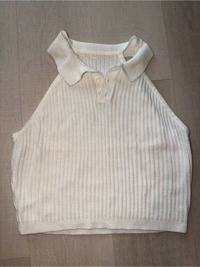 Macy's Cream Ribbed Knit Polo Tank Top